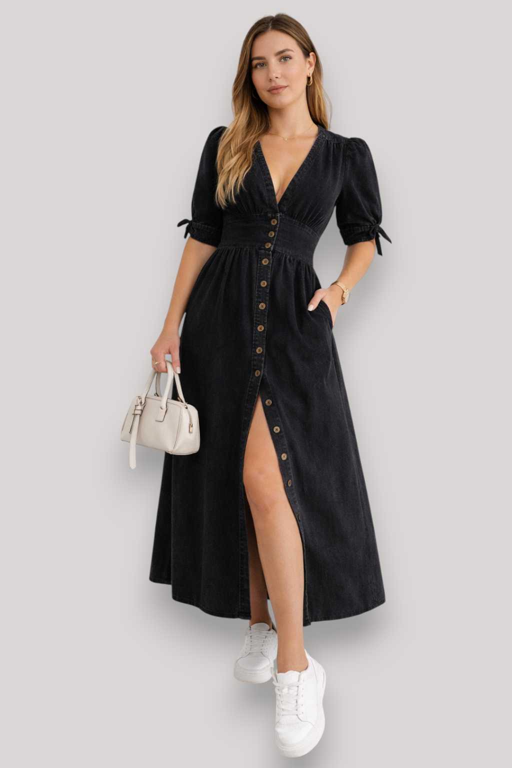 The Adeline Women's Maxi Dress Knee Length Button Up V Neck Amara Lise The Adeline Women's Maxi Dress Knee Length Button Up V Neck Amara Lise