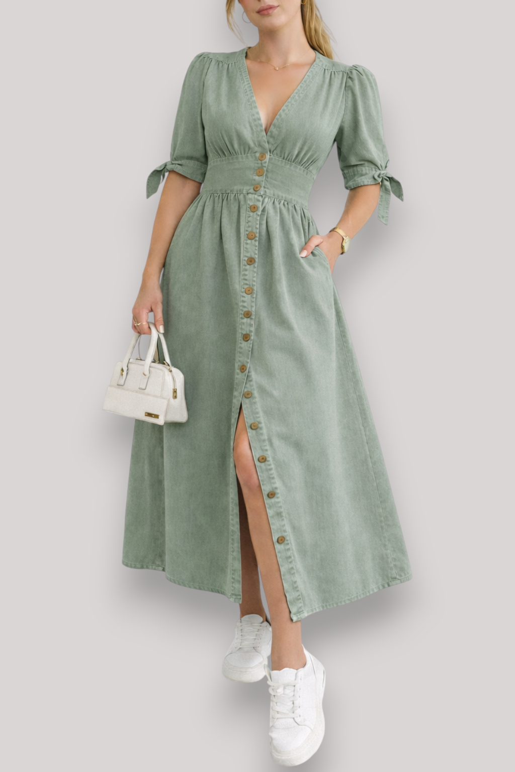 The Adeline Women's Maxi Dress Knee Length Button Up V Neck