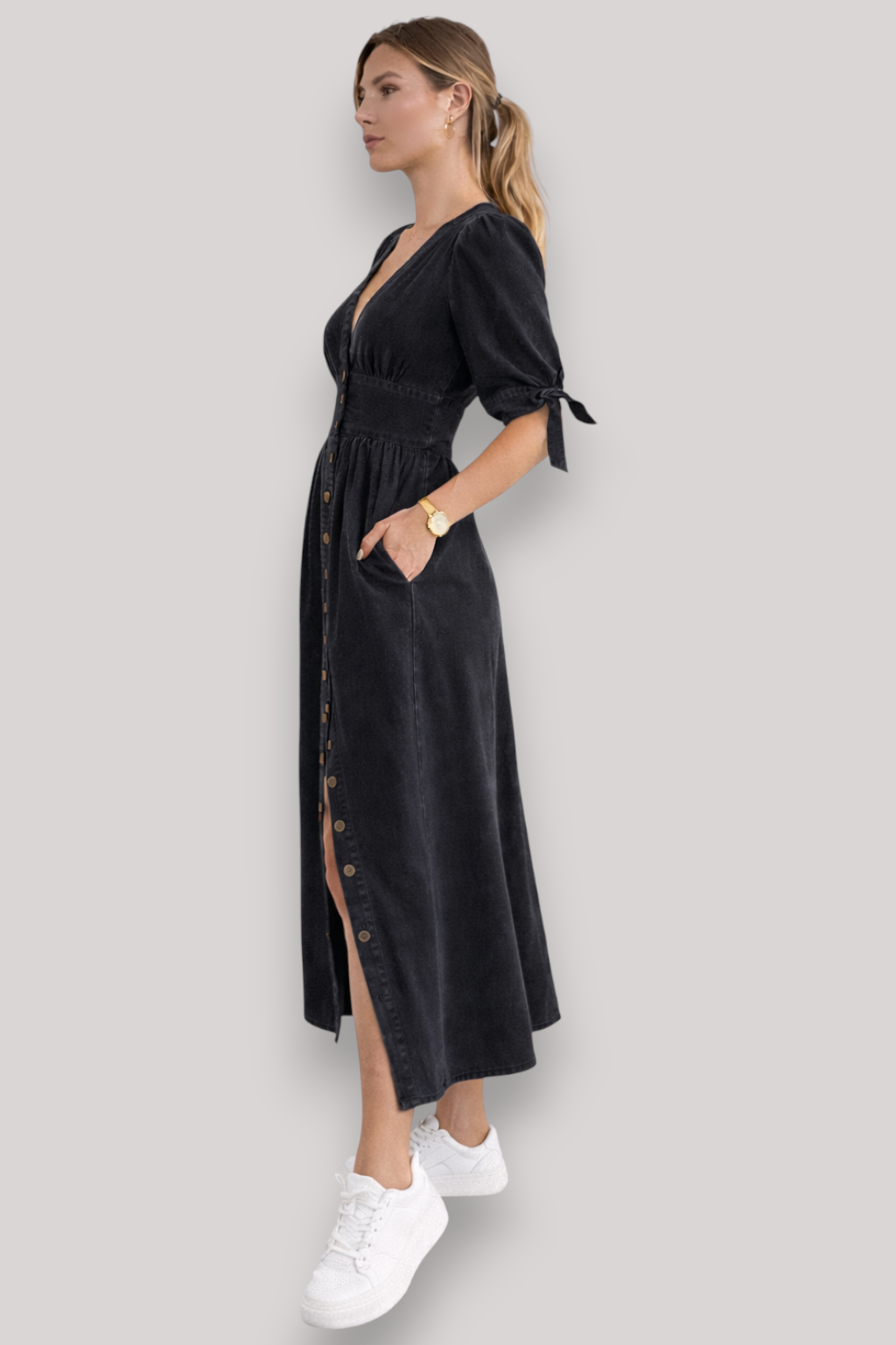 The Adeline Women's Maxi Dress Knee Length Button Up V Neck