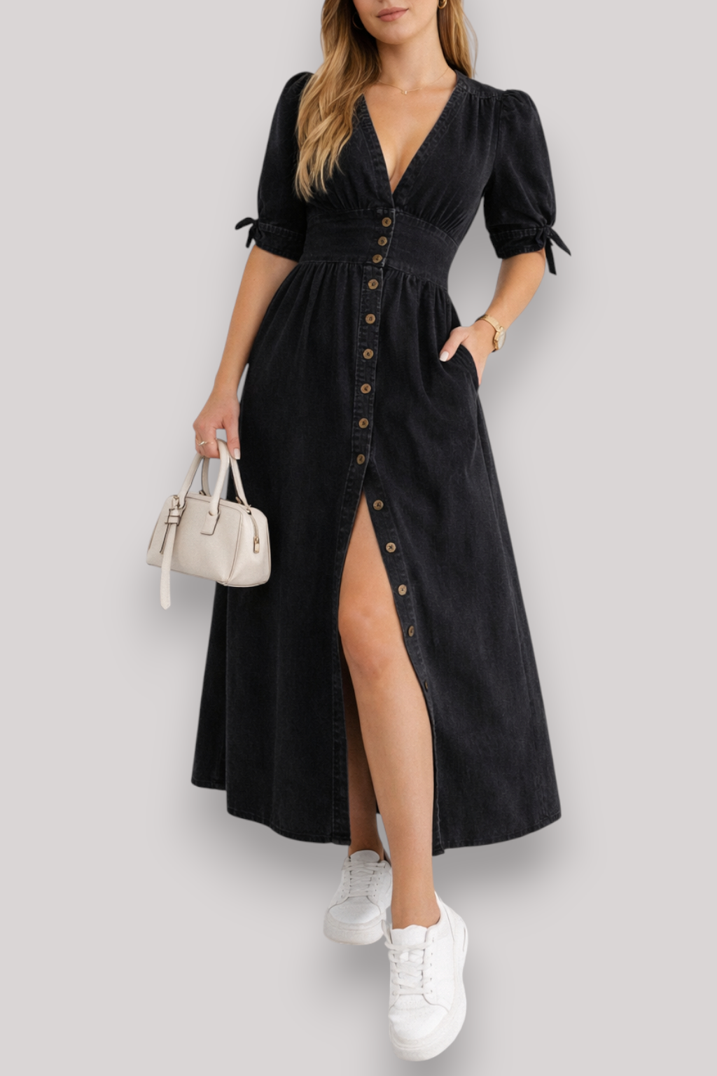 The Adeline Women's Maxi Dress Knee Length Button Up V Neck