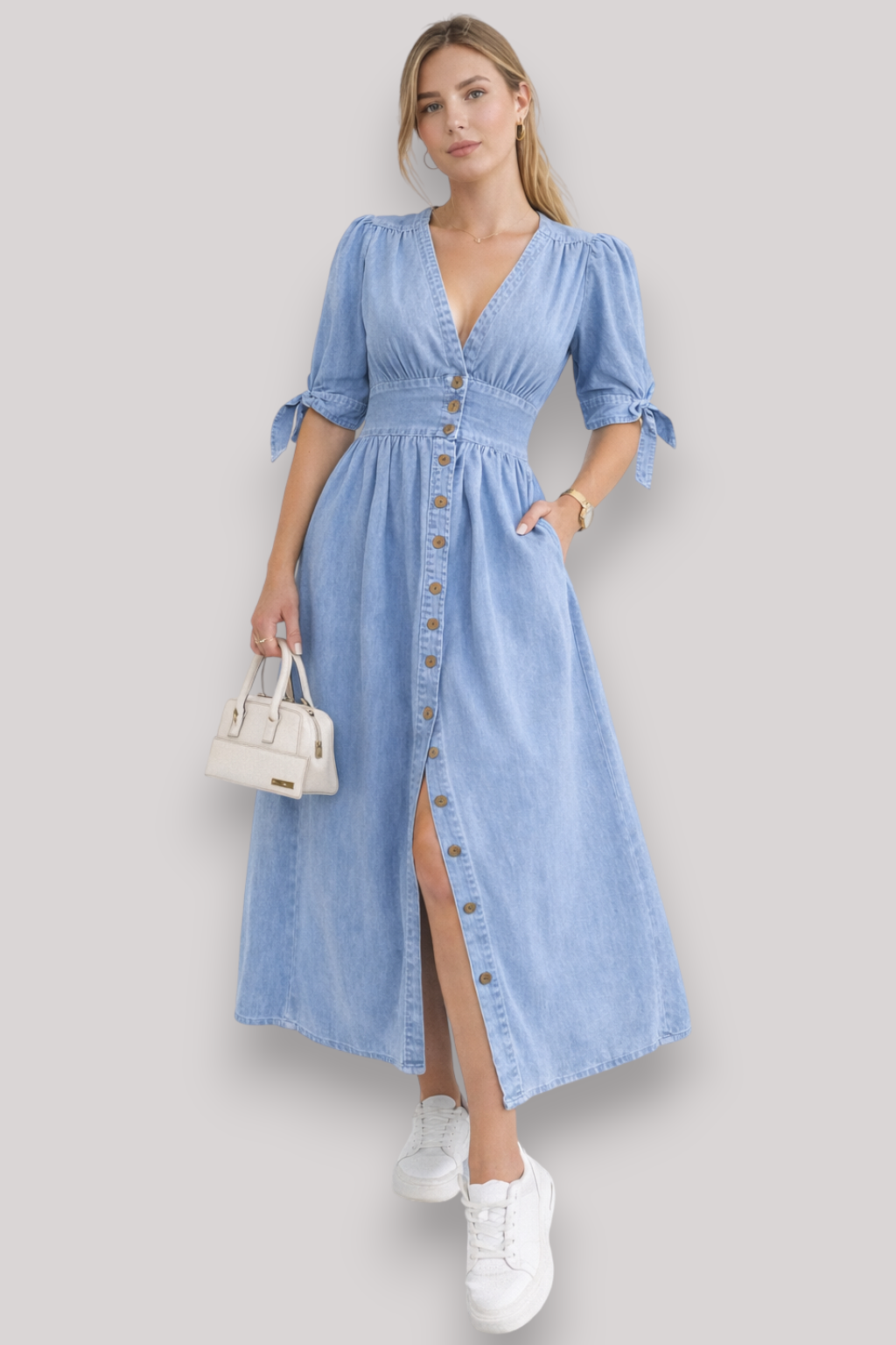 The Adeline Women's Maxi Dress Knee Length Button Up V Neck