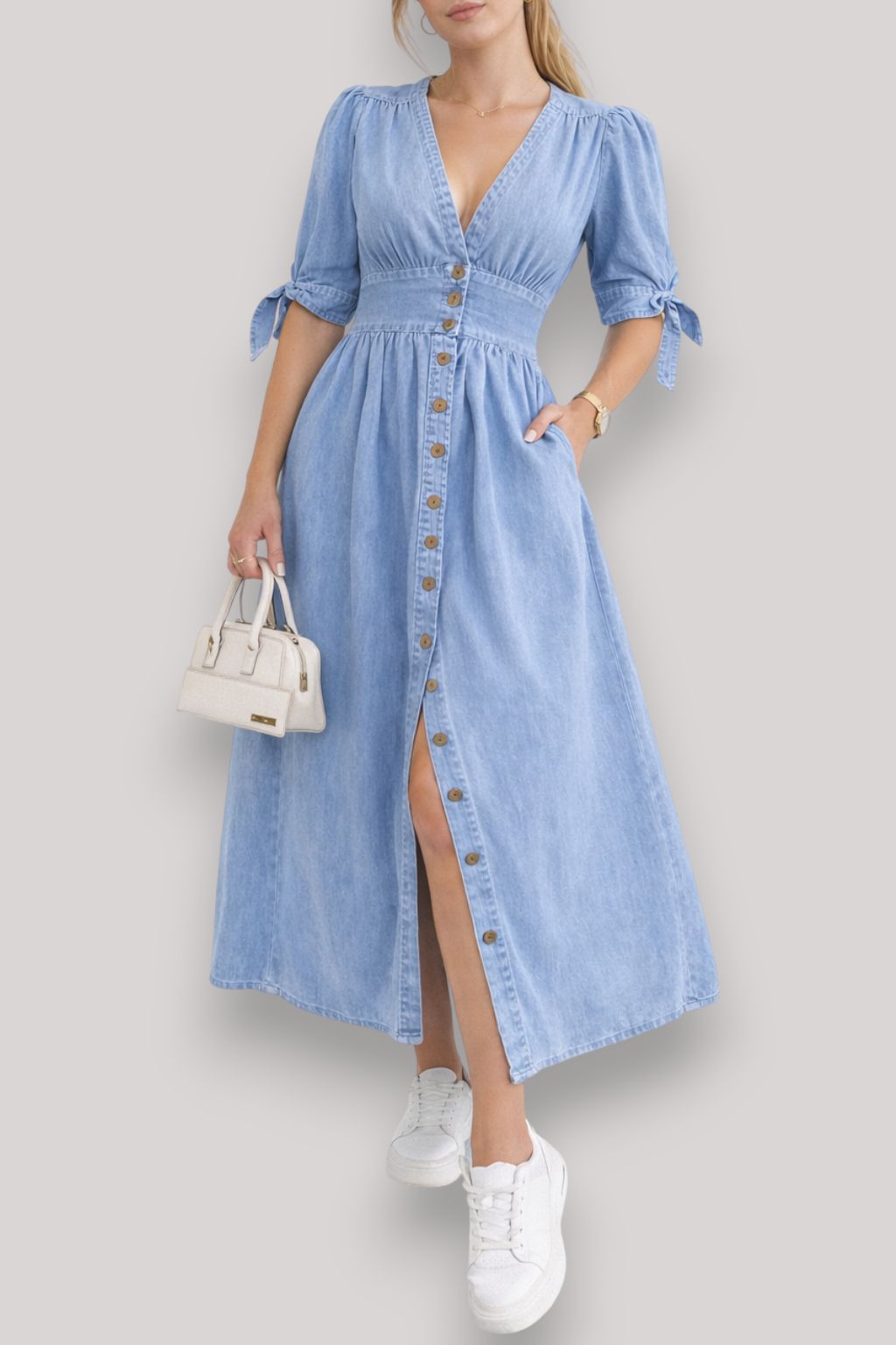 The Adeline Women's Maxi Dress Knee Length Button Up V Neck