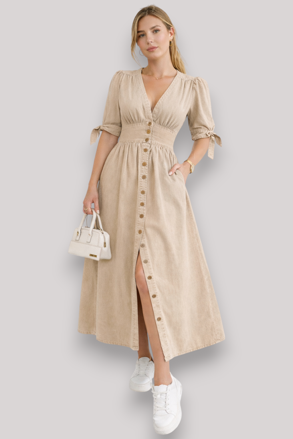 The Adeline Women's Maxi Dress Knee Length Button Up V Neck