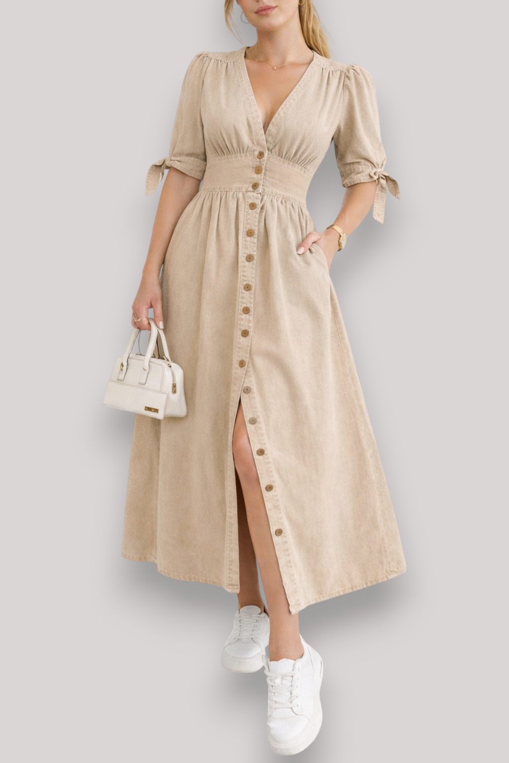 The Adeline Women's Maxi Dress Knee Length Button Up V Neck