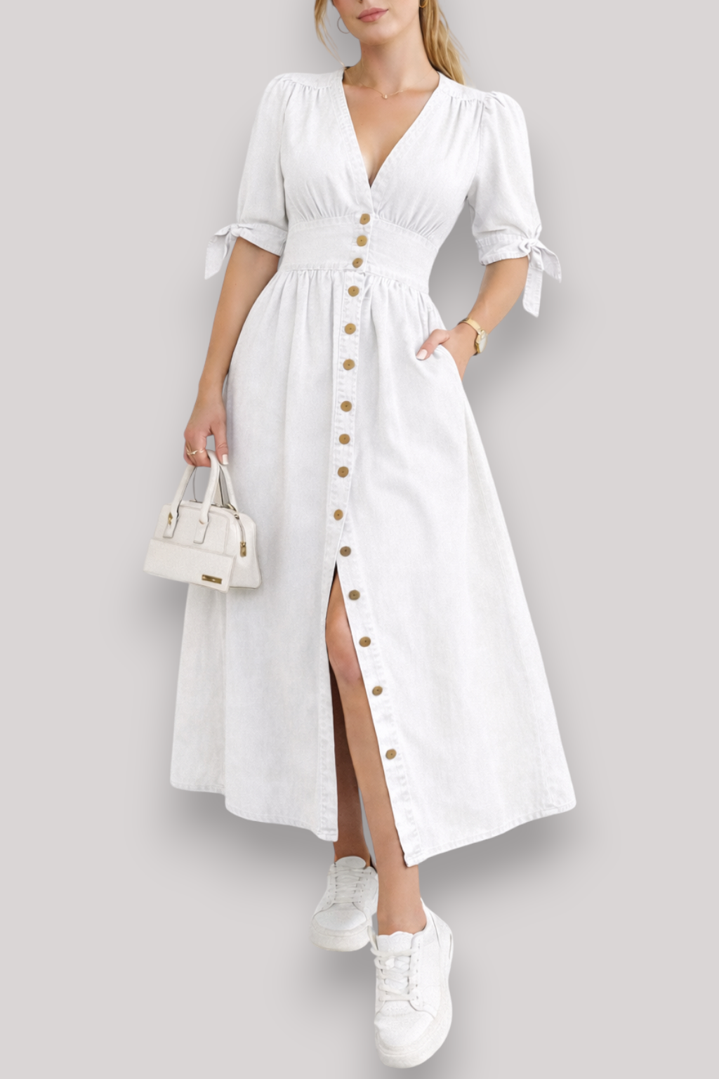 The Adeline Women's Maxi Dress Knee Length Button Up V Neck