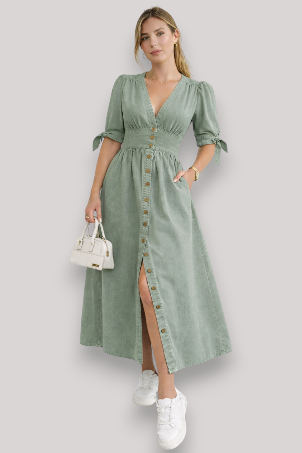 The Adeline Women's Maxi Dress Knee Length Button Up V Neck