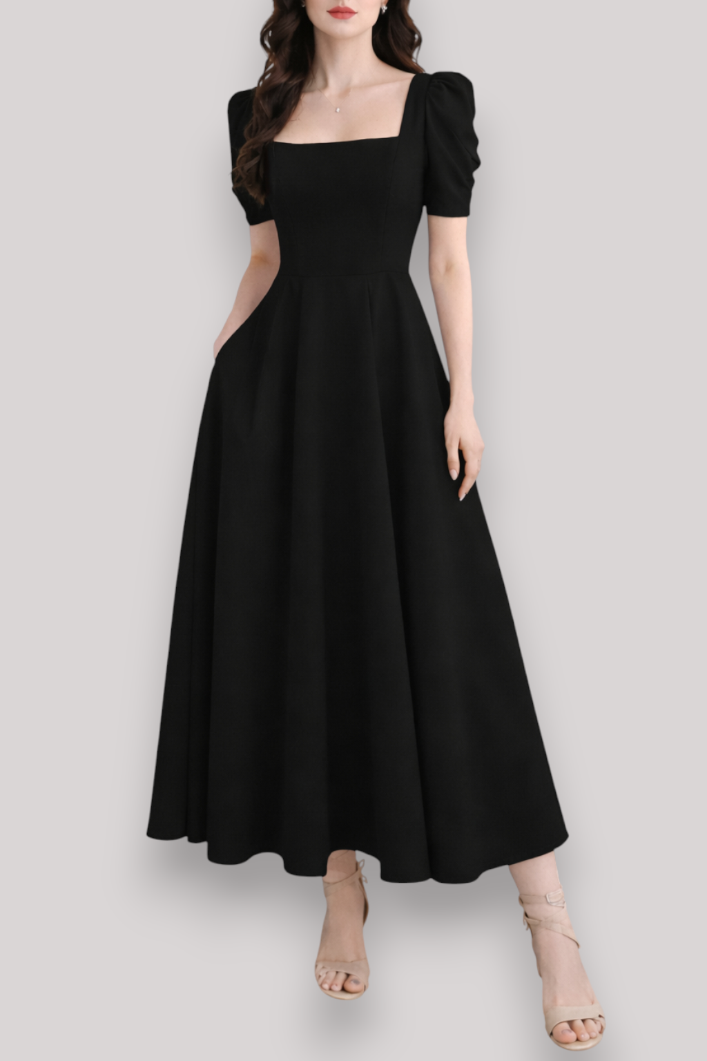 The Beatrice Puff Sleeve Square Neck Maxi Dress Slim Fit Summer Casual Style