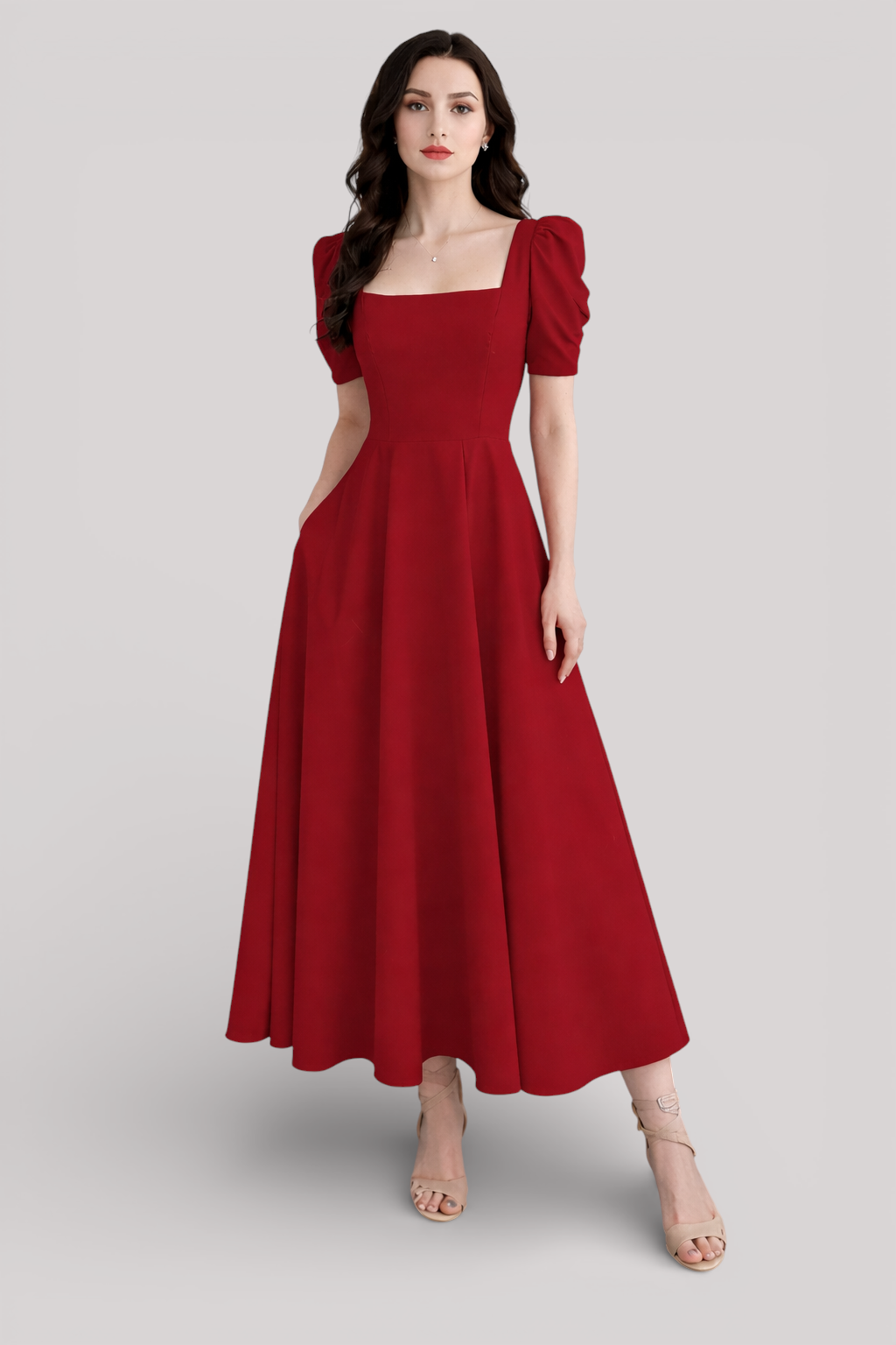 The Beatrice Puff Sleeve Square Neck Maxi Dress Slim Fit Summer Casual Style