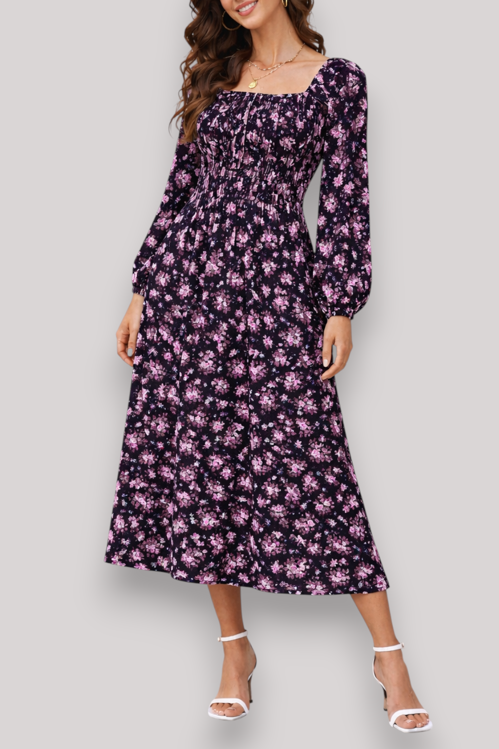 The Bethany Women's Floral Long Sleeve Midi Dress