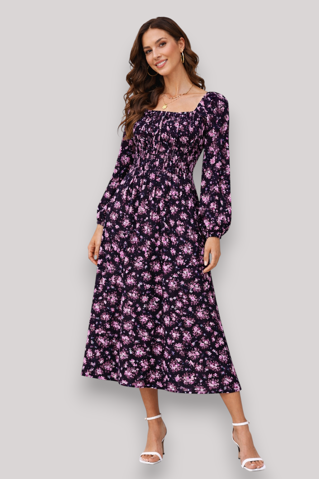 The Bethany Women's Floral Long Sleeve Midi Dress