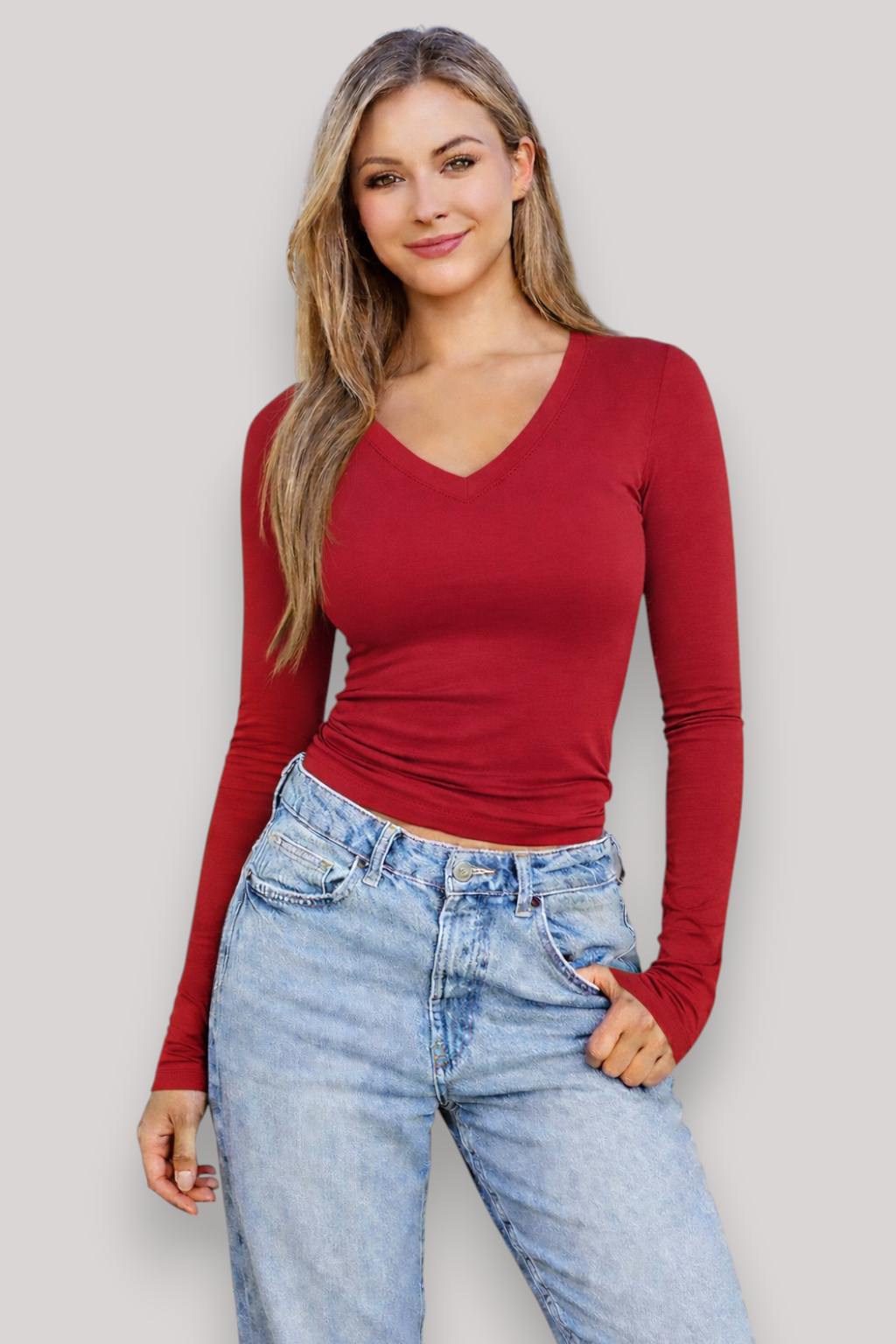 The Blythe V Neck Long Sleeve Base Blouse Slim Fit Everyday Top