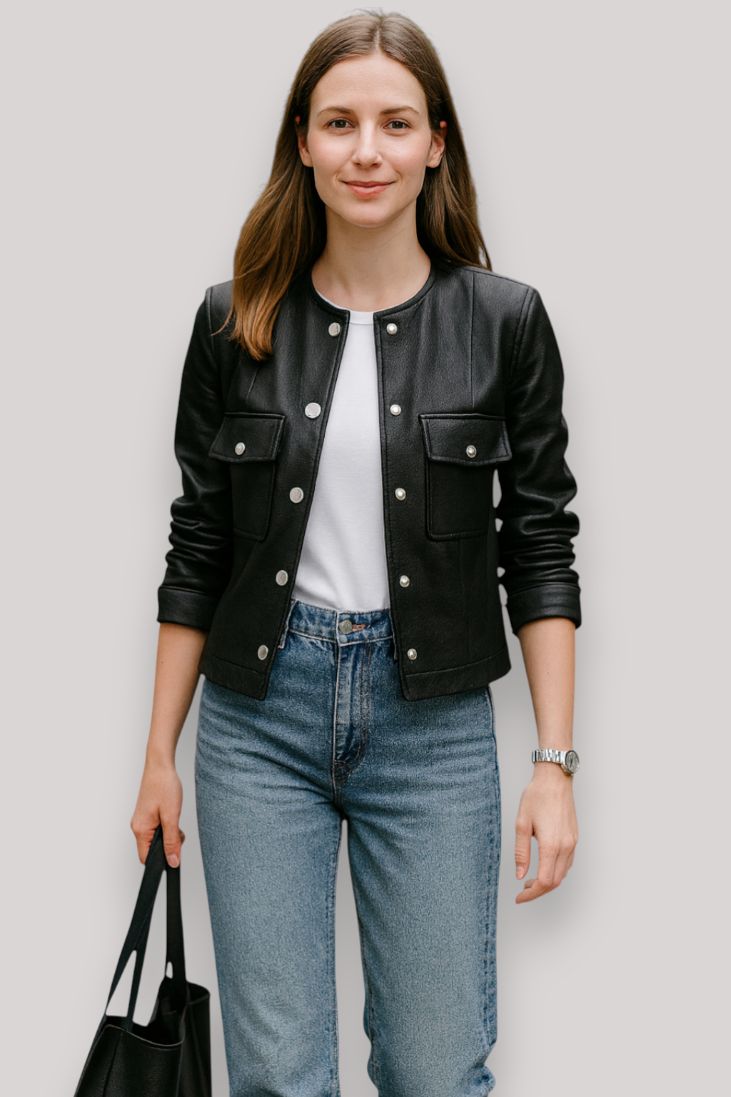 The Bracken PU Leather Jacket Winter Casual Round Neck Coat