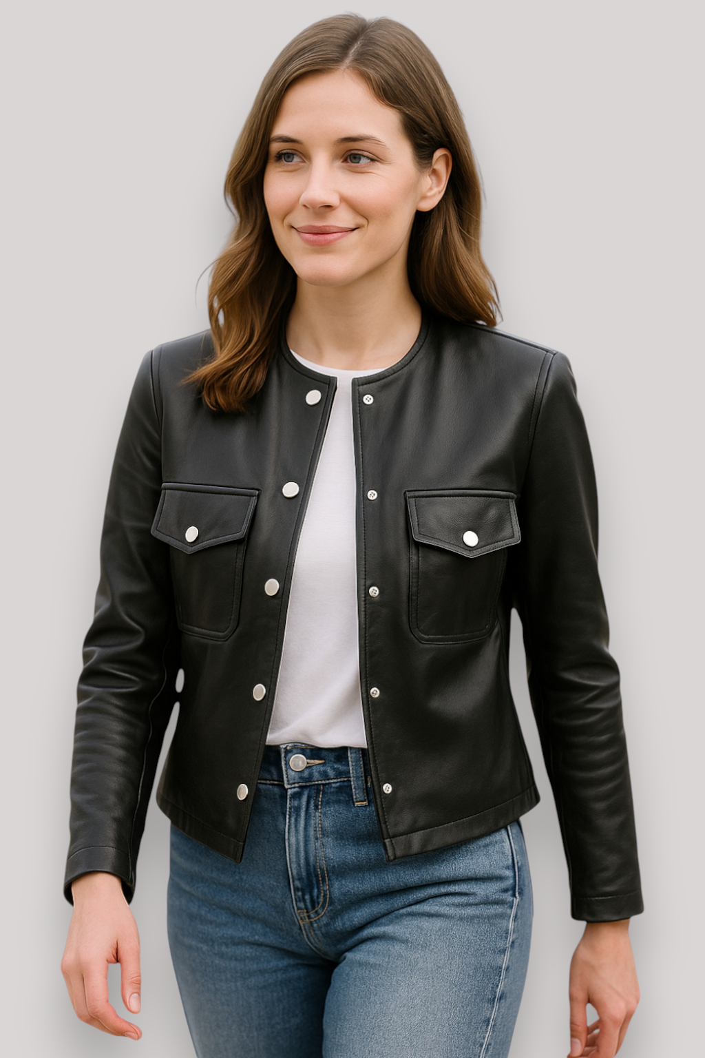 The Bracken PU Leather Jacket Winter Casual Round Neck Coat