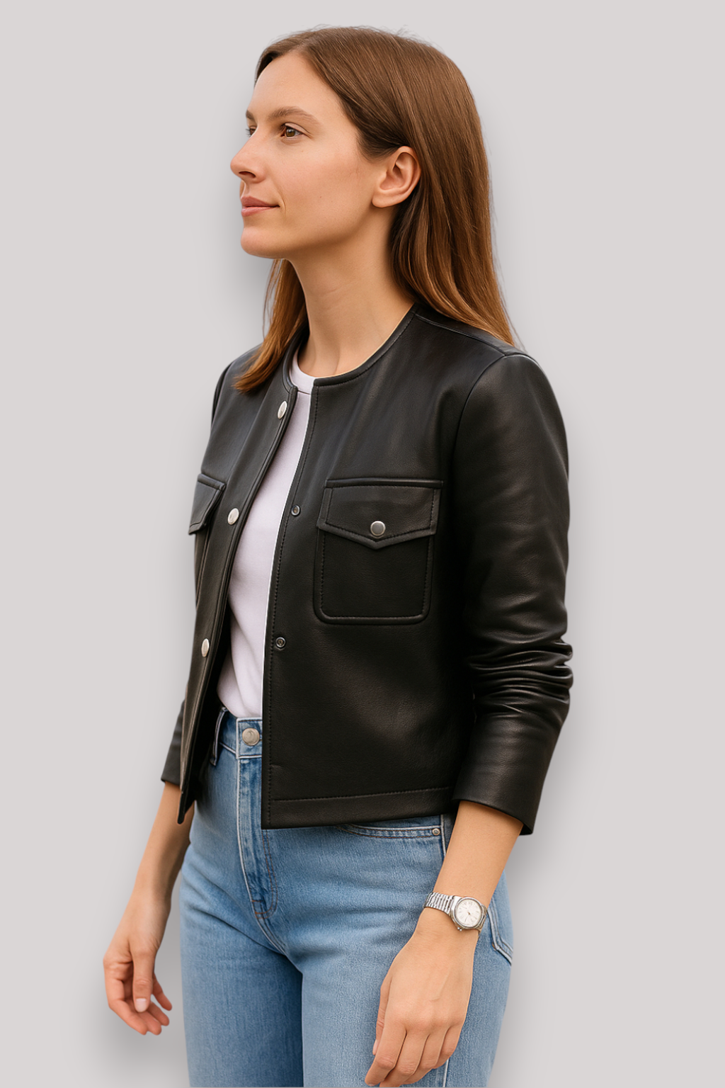 The Bracken PU Leather Jacket Winter Casual Round Neck Coat