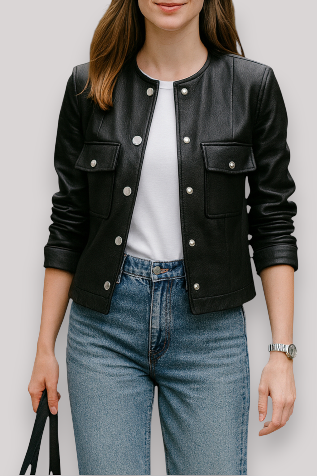 The Bracken PU Leather Jacket Winter Casual Round Neck Coat