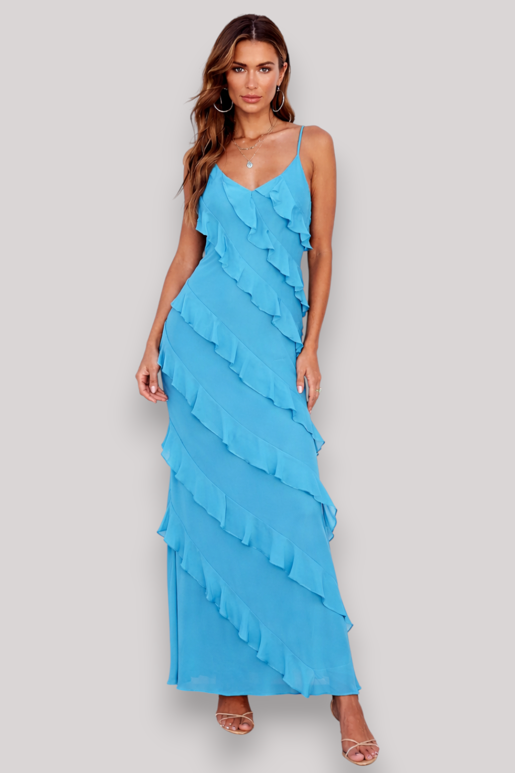 The Rosalie Halter Neck Maxi Dress V Neck Ruffle Backless Sleeveless Slit Summer Style