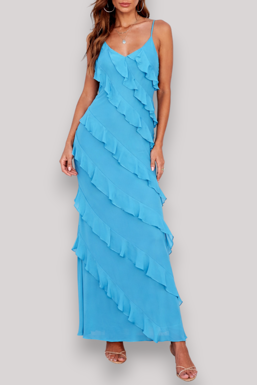 The Rosalie Halter Neck Maxi Dress V Neck Ruffle Backless Sleeveless Slit Summer Style
