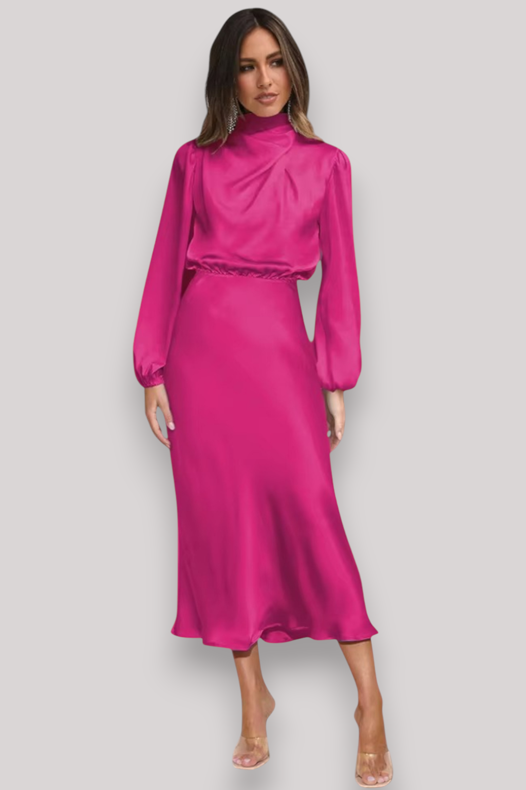 The Celeste Women’s Satin Long Sleeve Dress, Elegant Evening Party Gown