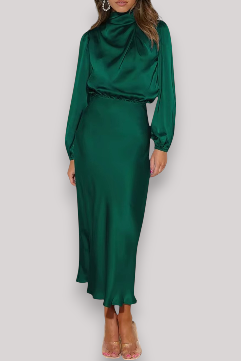The Celeste Women’s Satin Long Sleeve Dress, Elegant Evening Party Gown