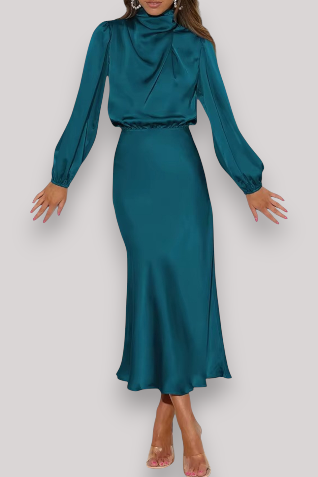The Celeste Women’s Satin Long Sleeve Dress, Elegant Evening Party Gown