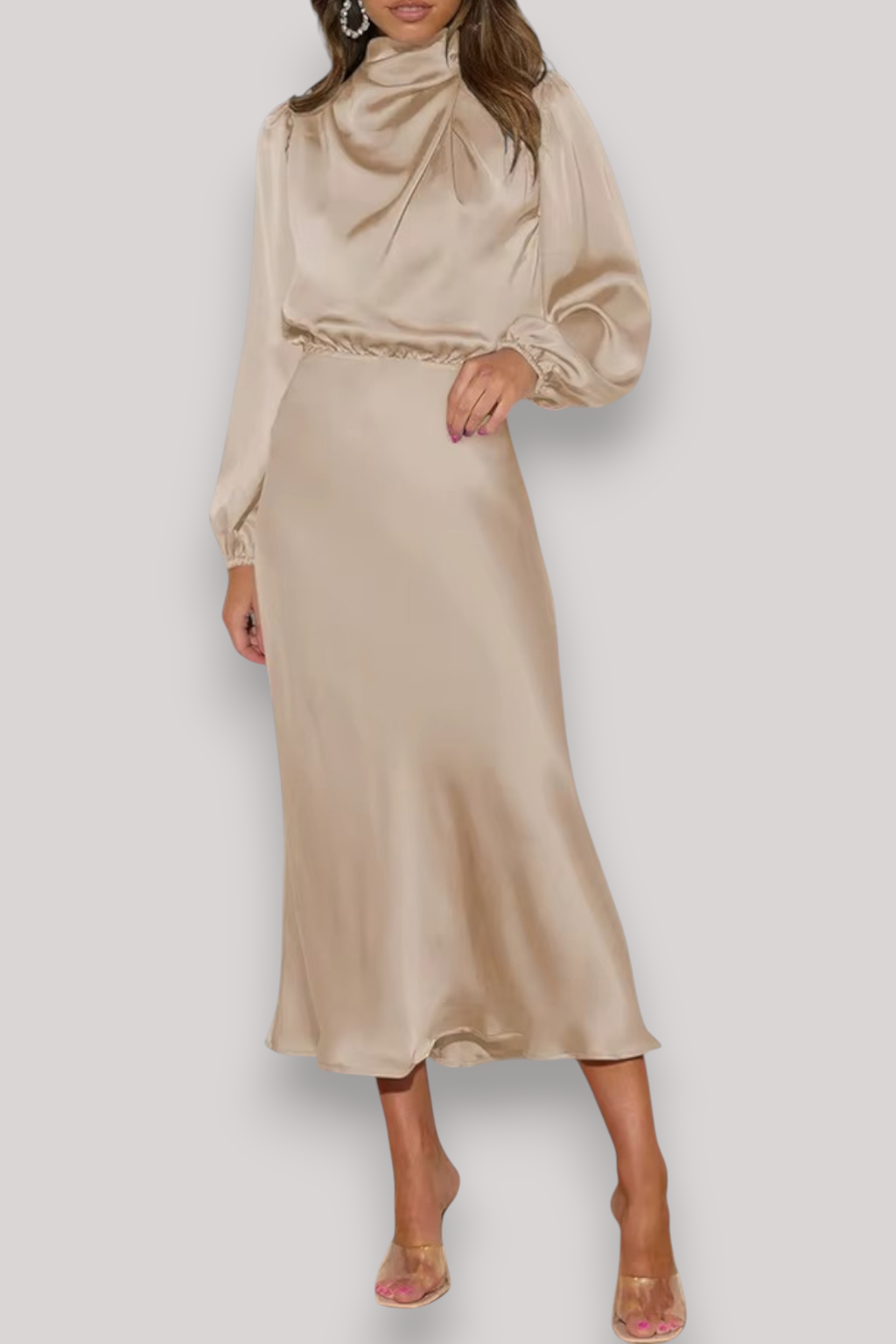 The Celeste Women’s Satin Long Sleeve Dress, Elegant Evening Party Gown