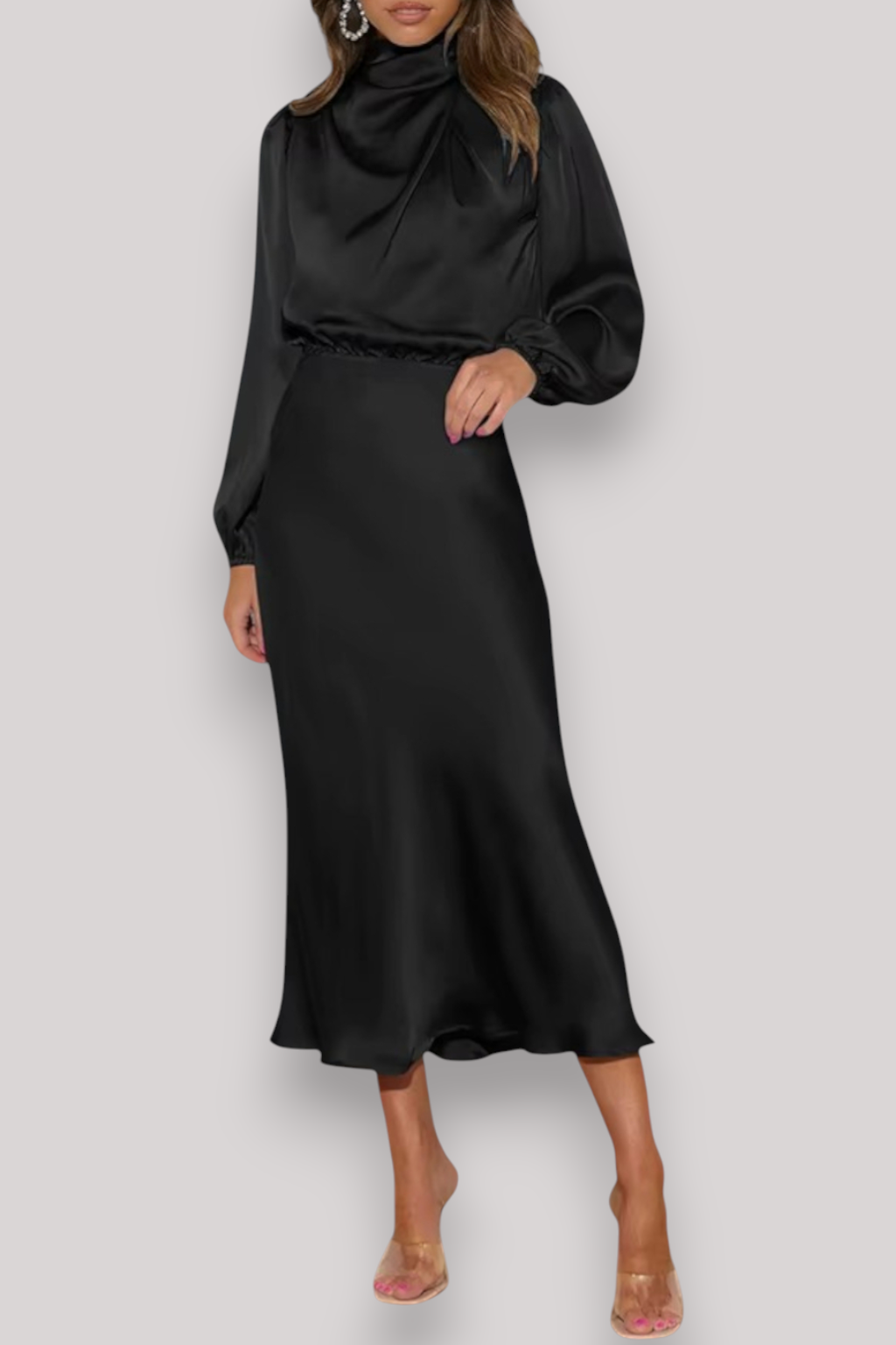 The Celeste Women’s Satin Long Sleeve Dress, Elegant Evening Party Gown