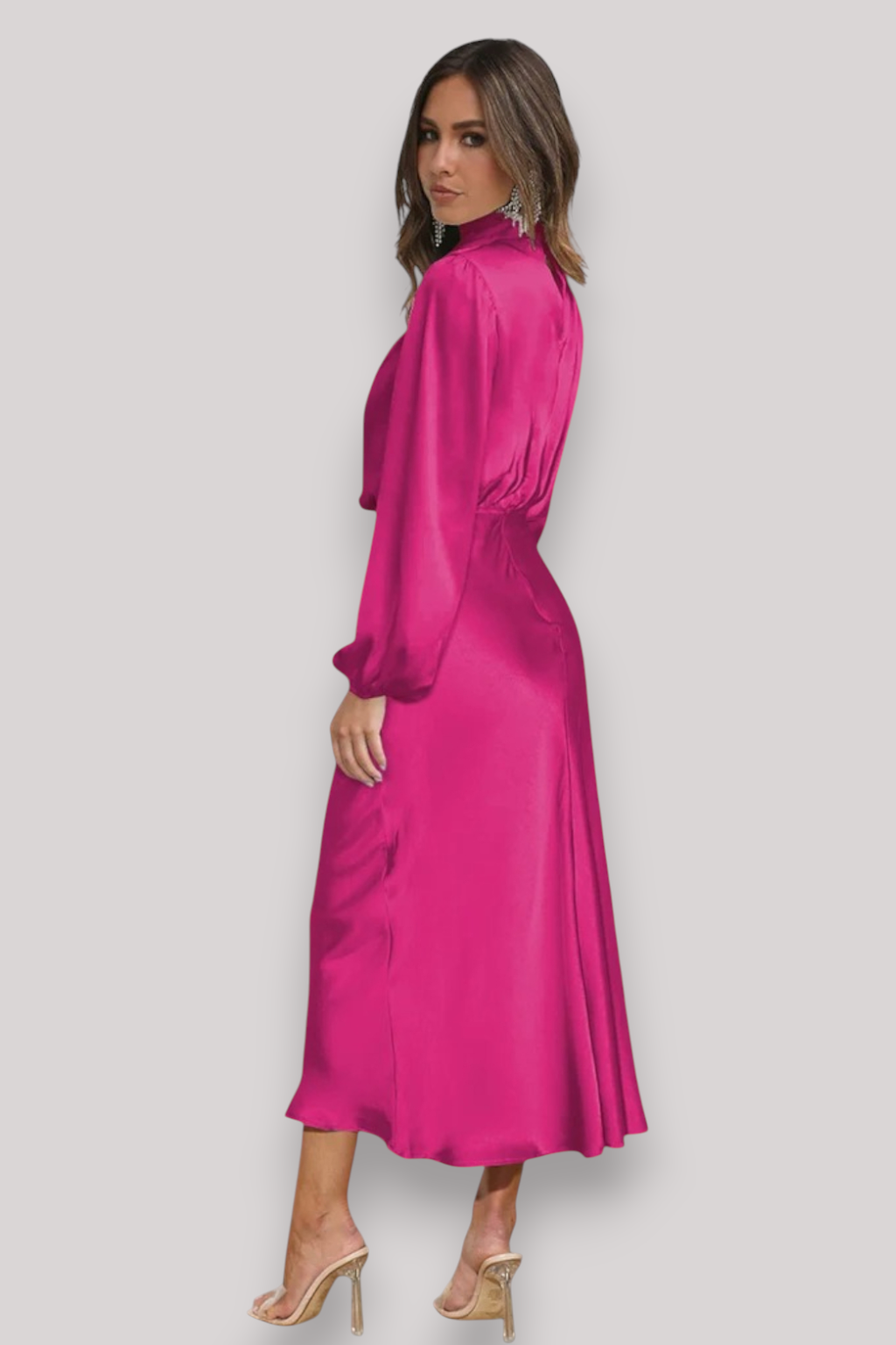 The Celeste Women’s Satin Long Sleeve Dress, Elegant Evening Party Gown