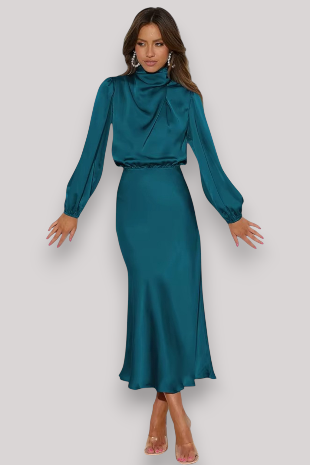 The Celeste Women’s Satin Long Sleeve Dress, Elegant Evening Party Gown