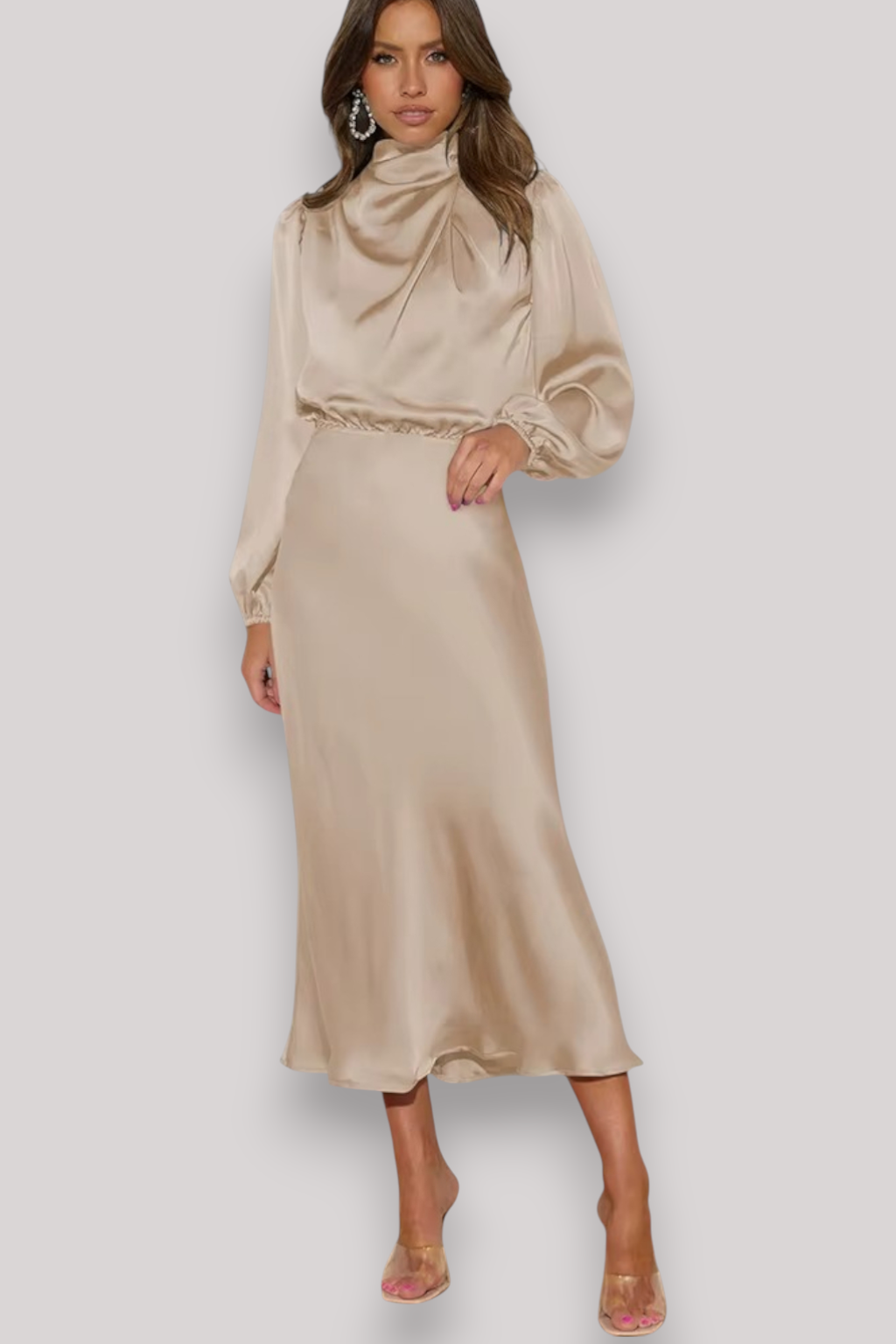 The Celeste Women’s Satin Long Sleeve Dress, Elegant Evening Party Gown