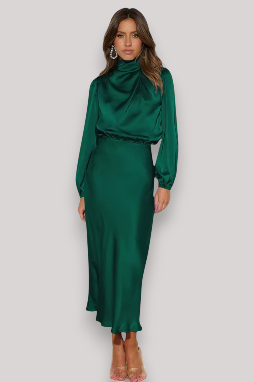 The Celeste Women’s Satin Long Sleeve Dress, Elegant Evening Party Gown