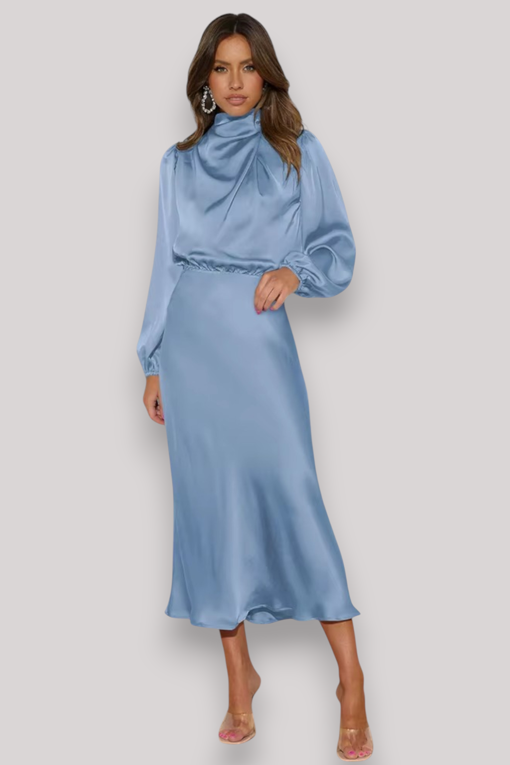 The Celeste Women’s Satin Long Sleeve Dress, Elegant Evening Party Gown