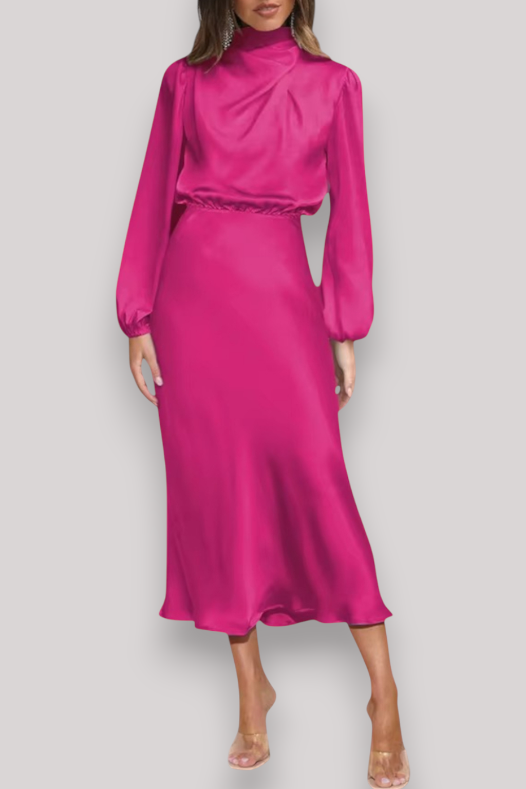 The Celeste Women’s Satin Long Sleeve Dress, Elegant Evening Party Gown