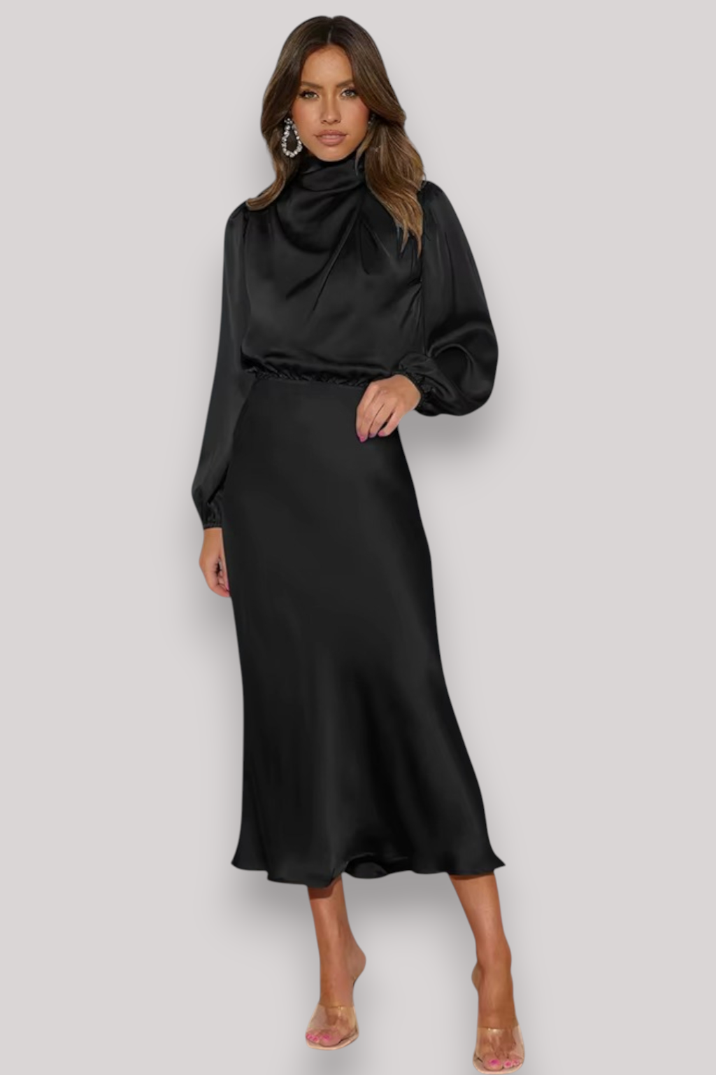 The Celeste Women’s Satin Long Sleeve Dress, Elegant Evening Party Gown