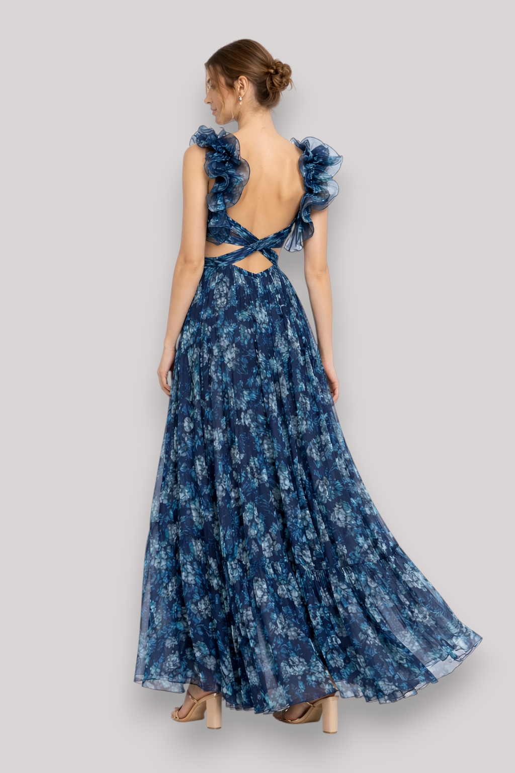 The Chloe Women's Print Ruffle Sleeveless Maxi Dress