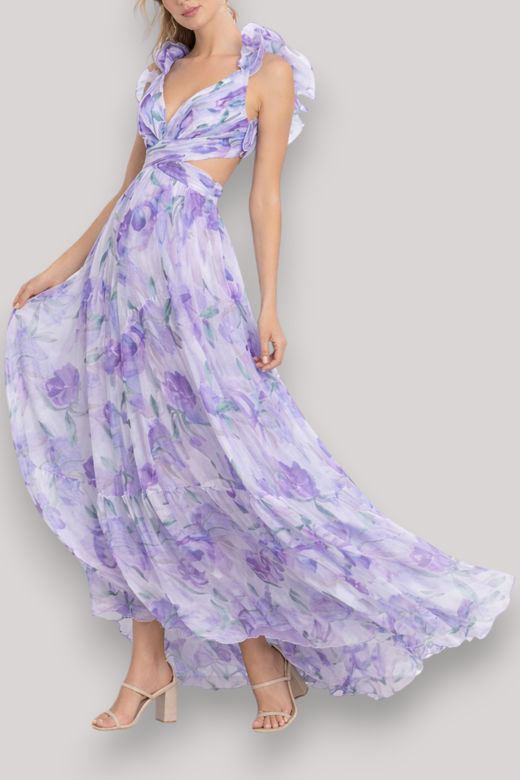 The Chloe Women's Print Ruffle Sleeveless Maxi Dress