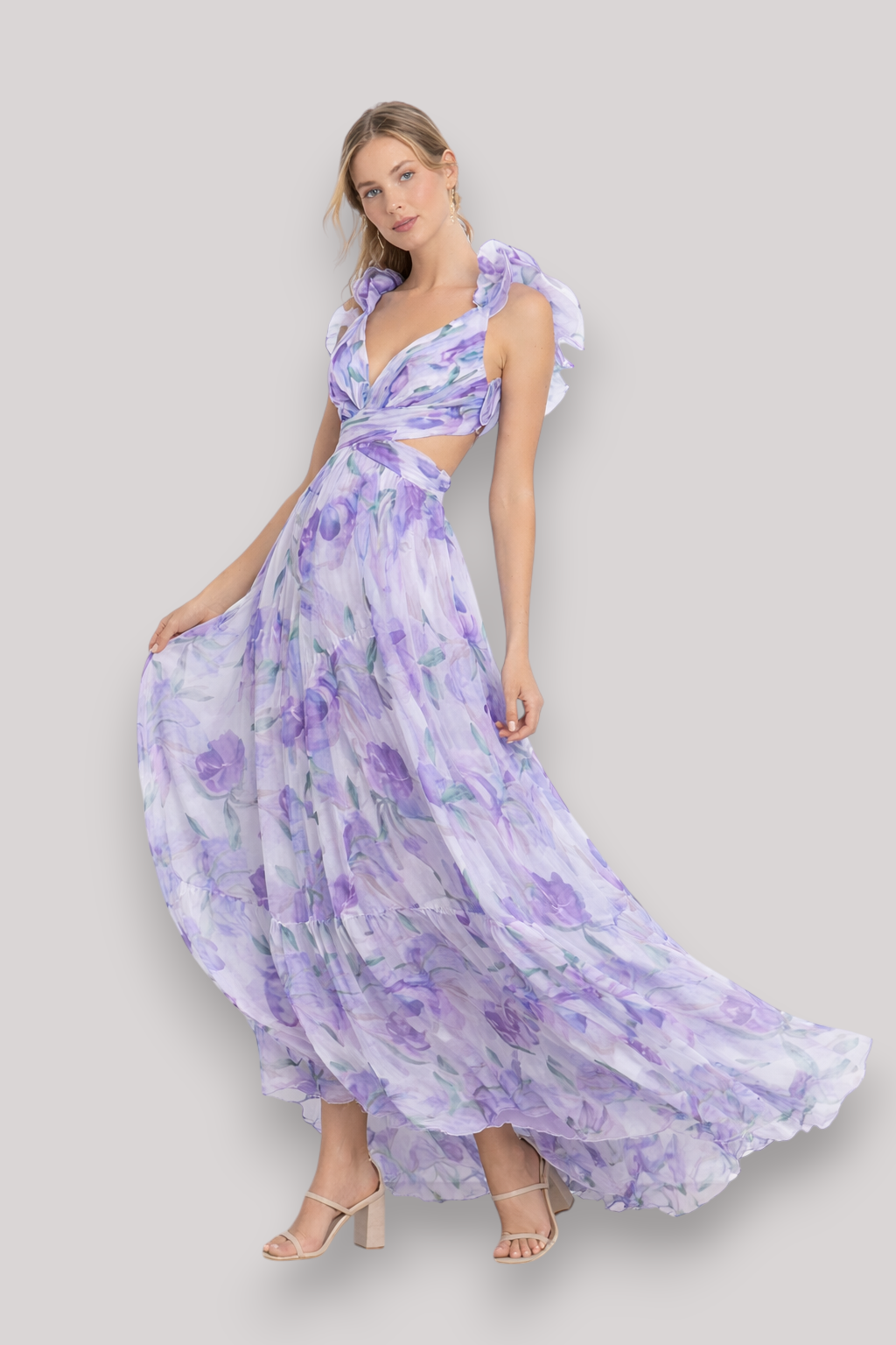 The Chloe Women's Print Ruffle Sleeveless Maxi Dress