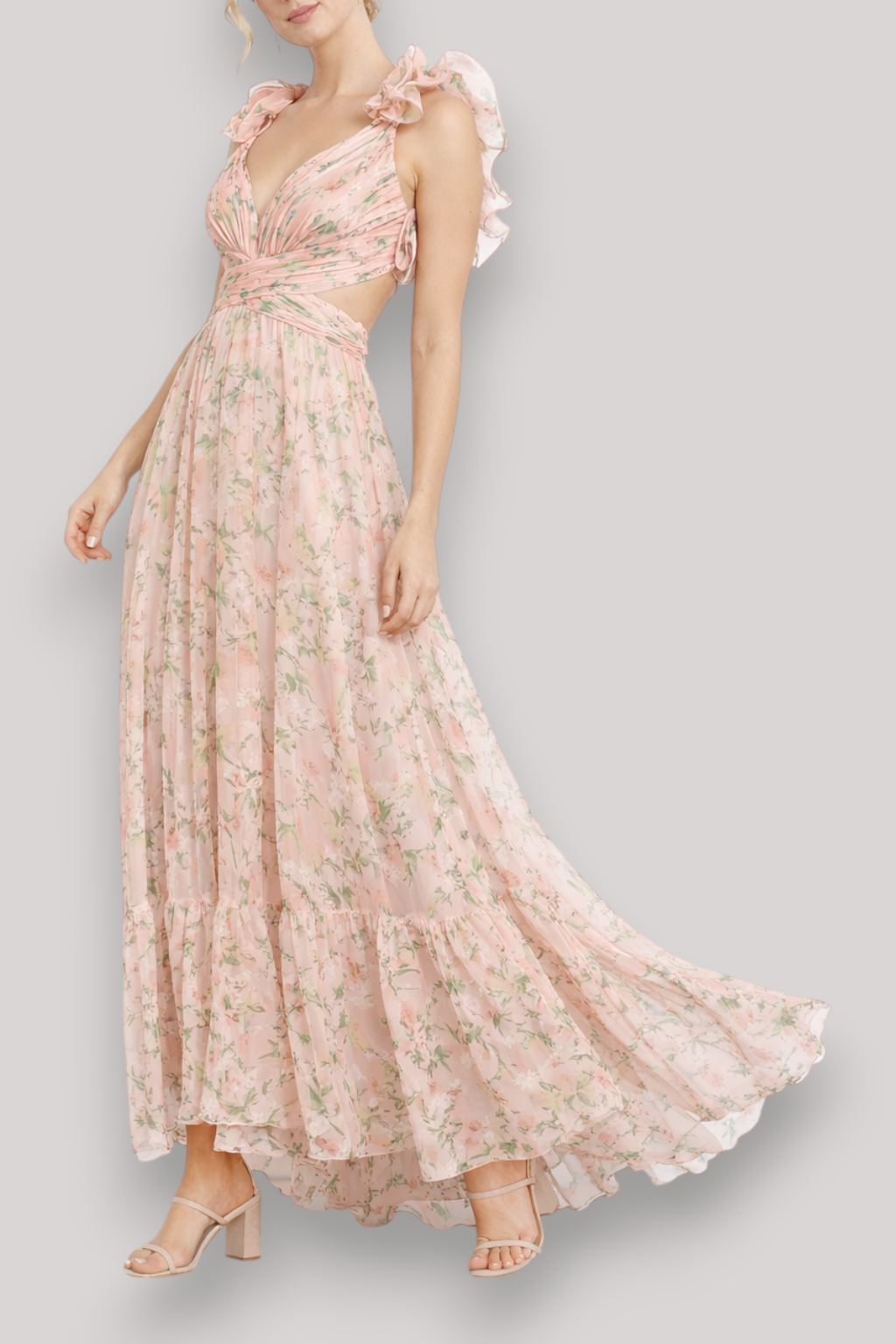 The Chloe Women's Print Ruffle Sleeveless Maxi Dress