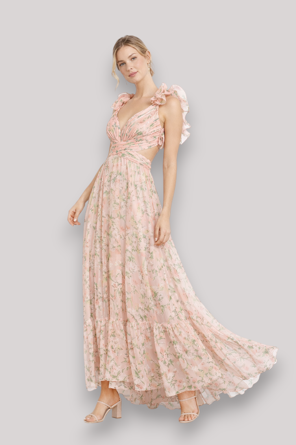 The Chloe Women's Print Ruffle Sleeveless Maxi Dress