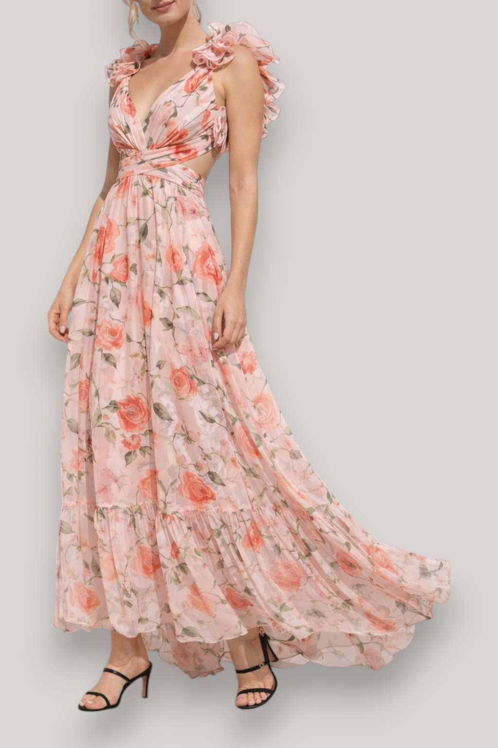 The Chloe Women's Print Ruffle Sleeveless Maxi Dress