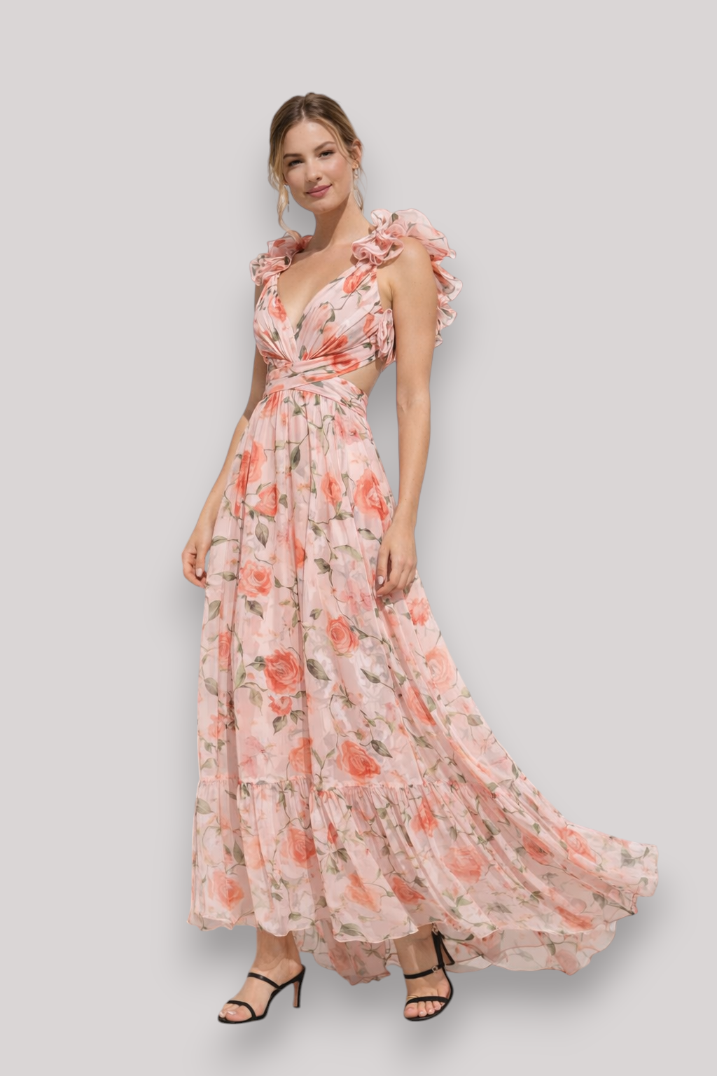 The Chloe Women's Print Ruffle Sleeveless Maxi Dress