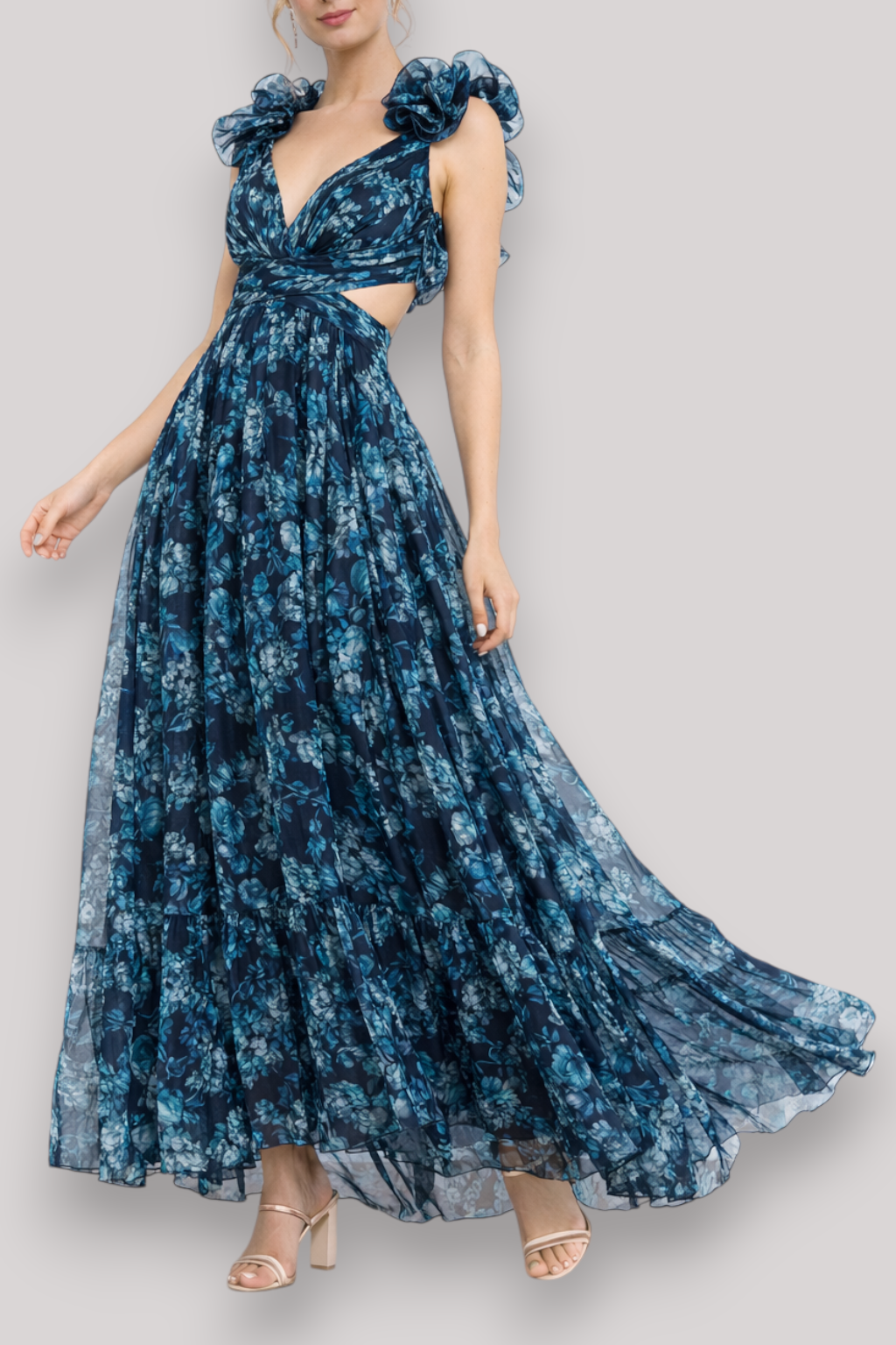 The Chloe Women's Print Ruffle Sleeveless Maxi Dress
