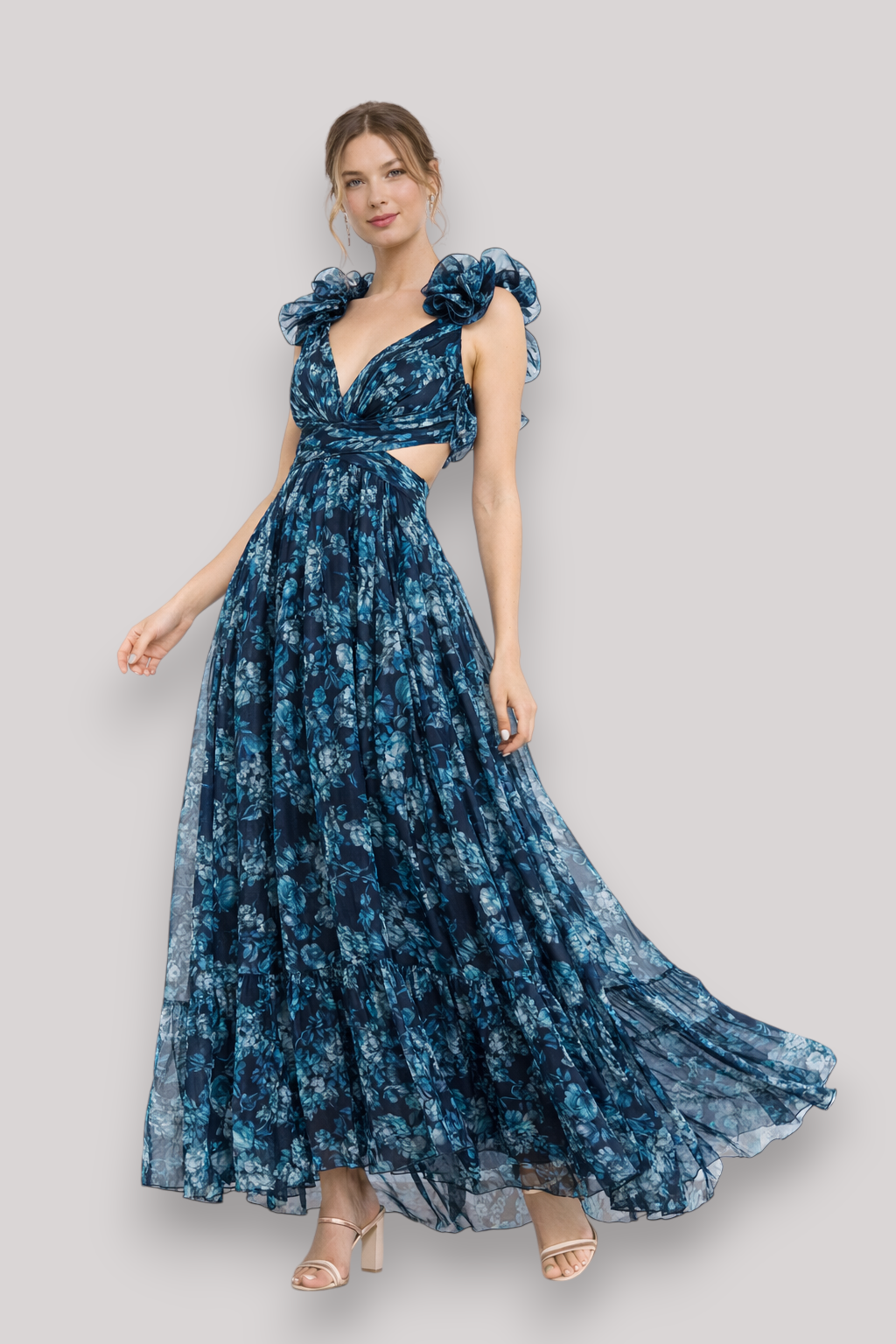 The Chloe Women's Print Ruffle Sleeveless Maxi Dress