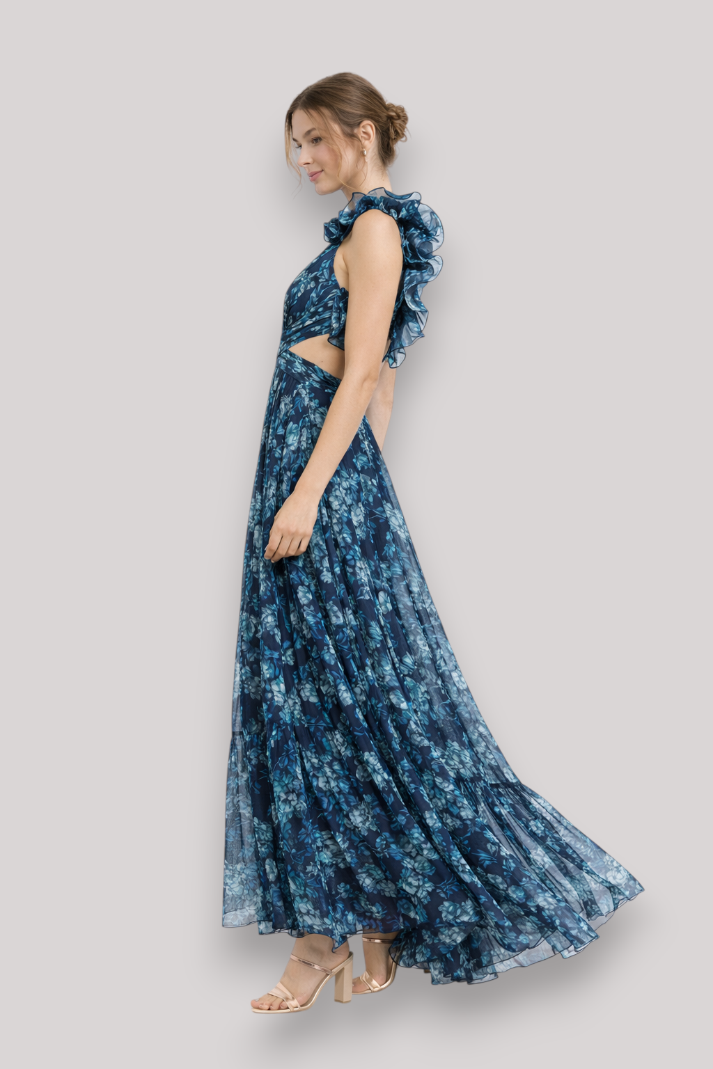 The Chloe Women's Print Ruffle Sleeveless Maxi Dress