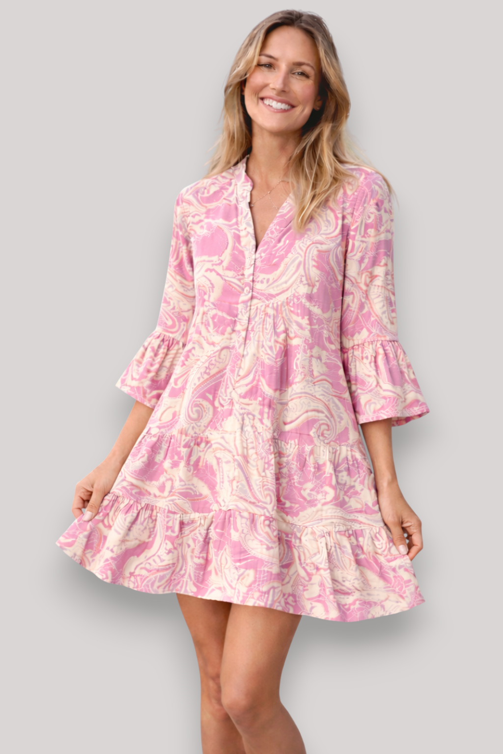 The Clair Flared Mini Print Dress Button Boho Puff Sleeves