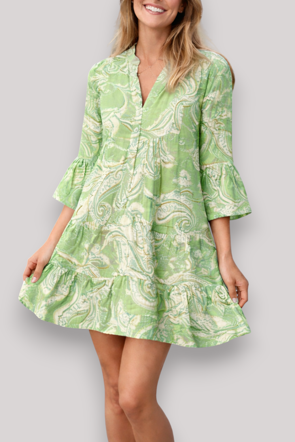 The Clair Flared Mini Print Dress Button Boho Puff Sleeves