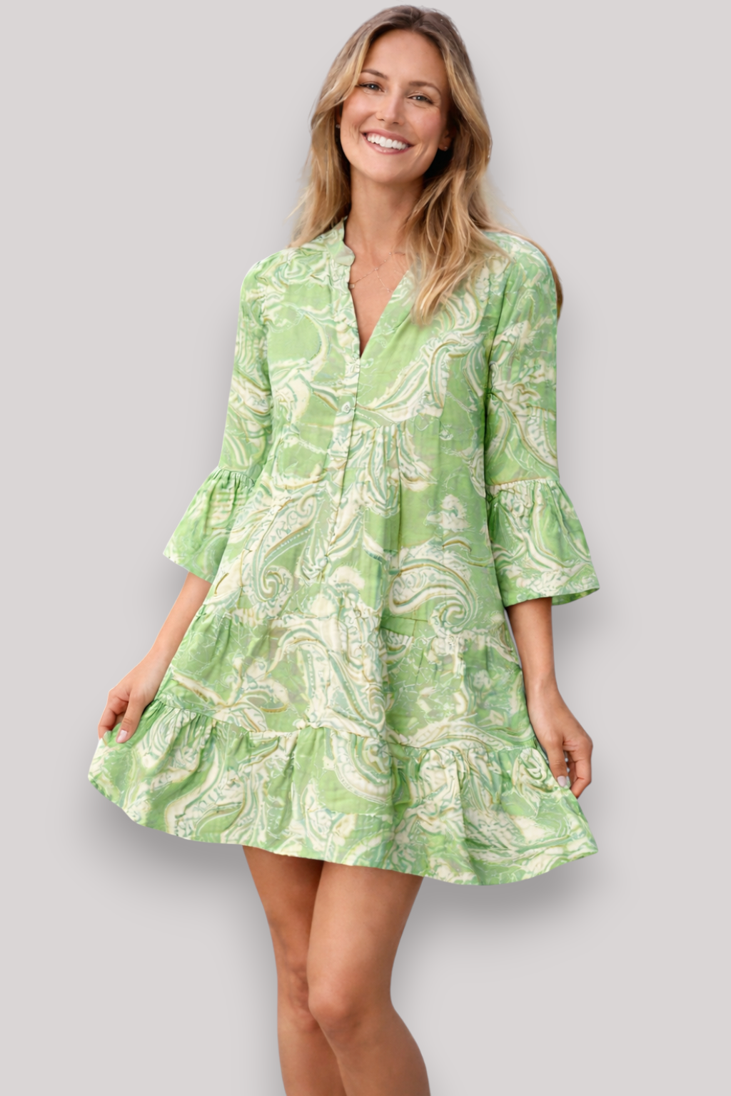 The Clair Flared Mini Print Dress Button Boho Puff Sleeves