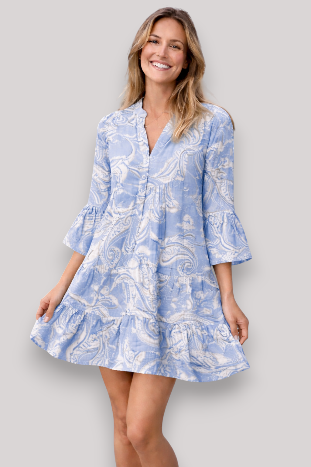 The Clair Flared Mini Print Dress Button Boho Puff Sleeves