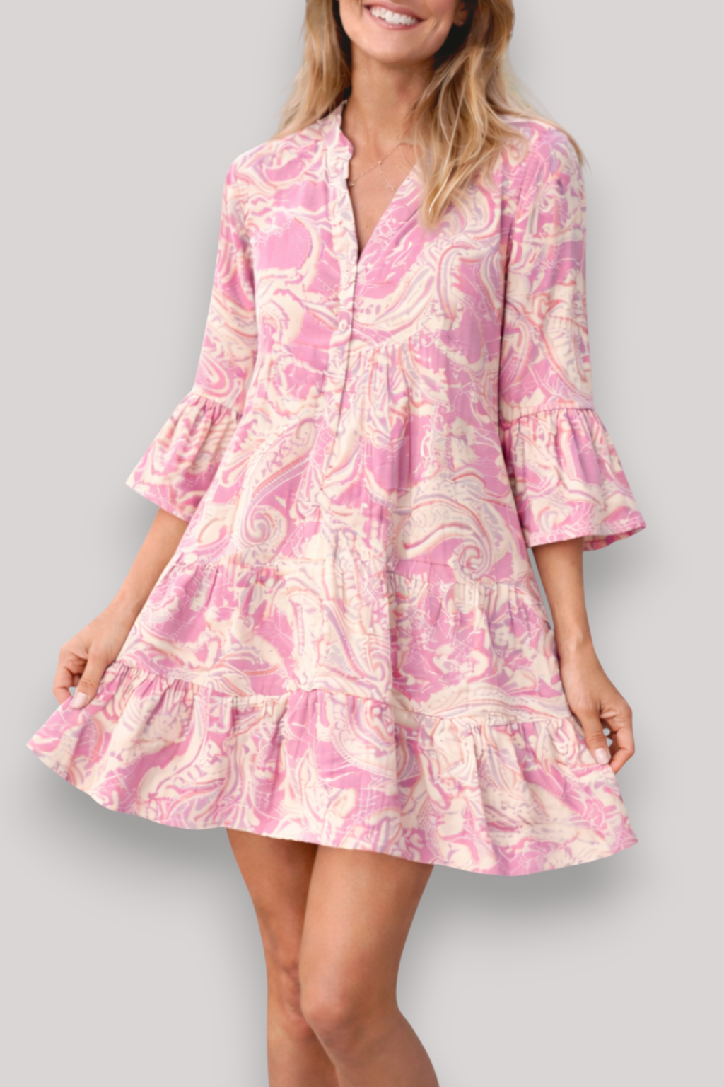 The Clair Flared Mini Print Dress Button Boho Puff Sleeves