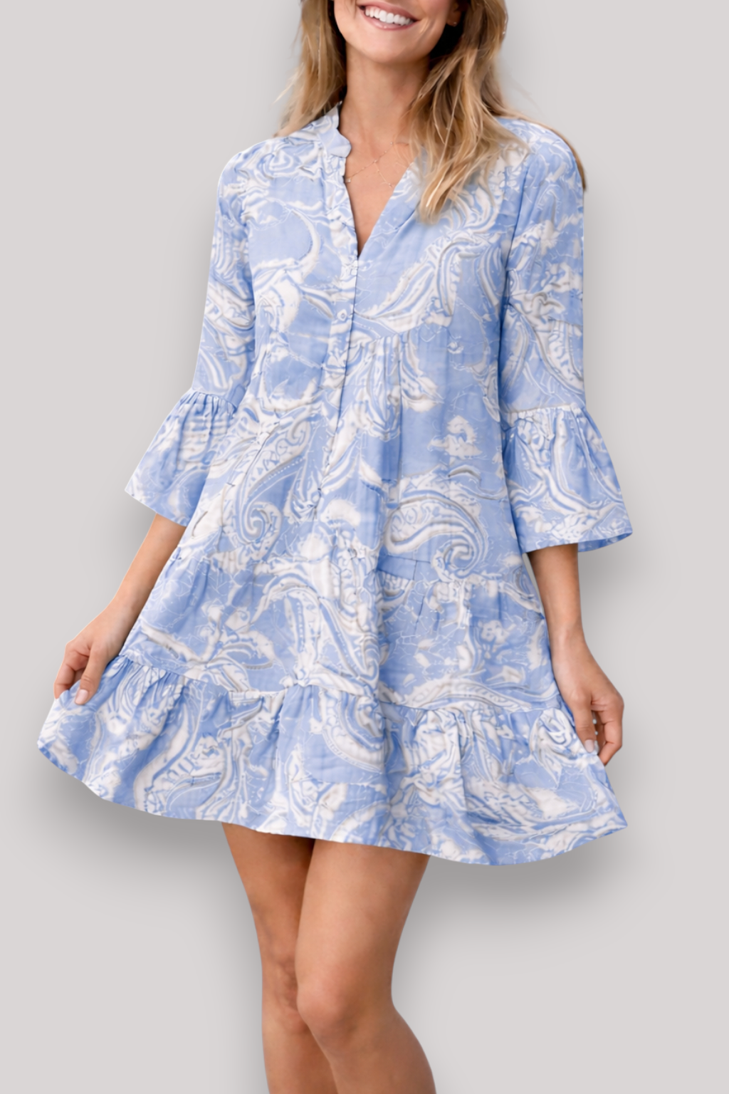 The Clair Flared Mini Print Dress Button Boho Puff Sleeves