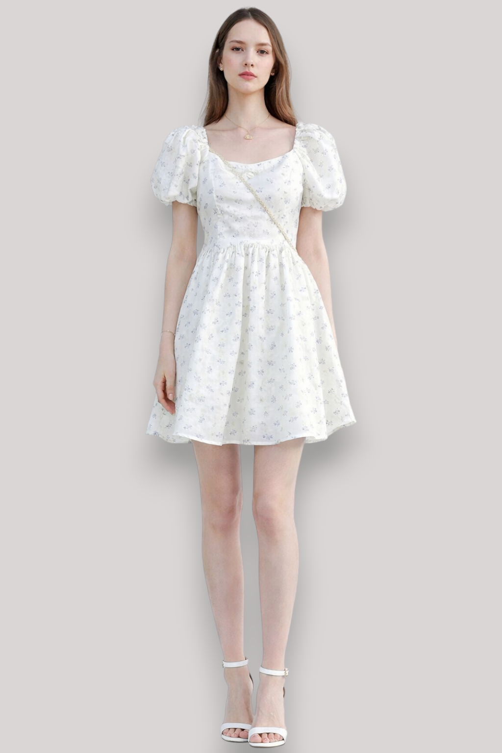 The Clarisse Floral Puff Sleeve Mini Dress Square Neck High Waist A Line Summer Style